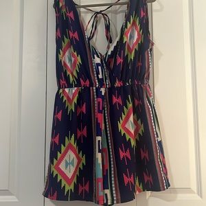 True Destiny Navy Aztec Print Romper with Pink & Lime Accents